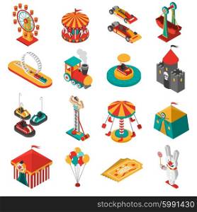 Amusement Park Isometric Icons Collection. Travelling amusements park isometric icons collection with ferris observation wheel and circus tent abstract isolated vector illustration
