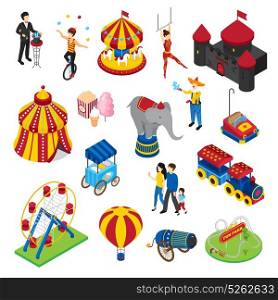Amusement Park Isometric Set. Amusement park isometric set with circus artists, attractions, horror house, street food, balloon, visitors isolated vector illustration