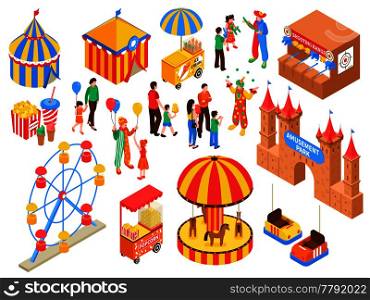 Amusement park isometric set with circus tent ice cream and popcorn carts clowns handing out air balloons isolated vector illustration . Amusement Park Isometric Set