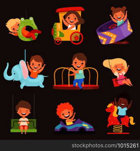 Amusement park kids. Playing happy and funny childrens boys and girls in attractions ride friends vector cartoon people. Amusement entertainment boy and girl illustration. Amusement park kids. Playing happy and funny childrens boys and girls in attractions ride friends vector cartoon people
