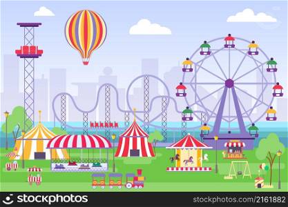 Amusement park landscape with ferris wheel, circus tents and carousels. Flat fun fair with roller coaster and merry-go-round vector concept. Summer activities for entertainment in park. Amusement park landscape with ferris wheel, circus tents and carousels. Flat fun fair with roller coaster and merry-go-round vector concept