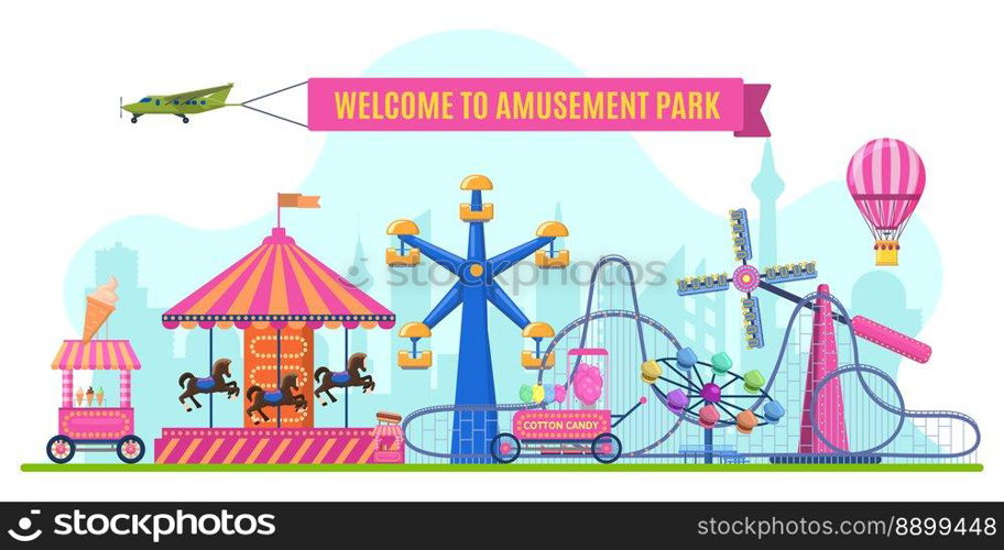 Amusement park landscape with rollercoaster, ferris wheel, merry-go-round. Outdoor carousels for entertainment. Selling candy cotton and ice cream for children, leisure activities vector. Amusement park landscape with rollercoaster, ferris wheel, merry-go-round. Outdoor carousels for entertainment