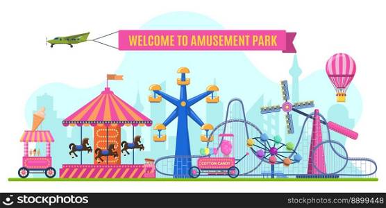 Amusement park landscape with rollercoaster, ferris wheel, merry-go-round. Outdoor carousels for entertainment. Selling candy cotton and ice cream for children, leisure activities vector. Amusement park landscape with rollercoaster, ferris wheel, merry-go-round. Outdoor carousels for entertainment