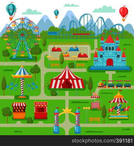 Amusement park map. Family entertainment festival attractions carousel, roller coaster and ferris wheel. Fairground navigation, circus funfair tent map vector illustration. Amusement park map. Family entertainment festival attractions carousel, roller coaster and ferris wheel vector illustration