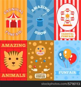 Amusement park mini poster set with carnival funfair amazing show animals isolated vector illustration