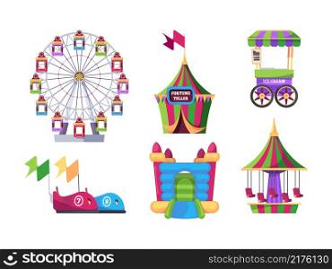 Amusement park. Outdoor attraction for kids swing game machines catapult carousel inflatable trampoline garish vector flat illustrations. Amusement and attraction, entertainment carousel. Amusement park. Outdoor attraction for kids swing game machines catapult carousel inflatable trampoline garish vector flat illustrations