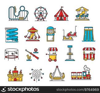 Amusement park, playground and funfair color outline icons with carousel, rollercoaster and roundabout. Amusement park, fair attractions line vector icons with kart, water slide and slot machine. Amusement park, funfair attractions outline icons