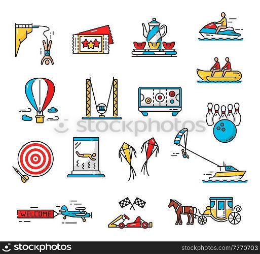 Amusement park playground and funfair extreme activity carousels, vector color outline icons. Amusement park rides and water attractions, bungee jumping, karting or parasailing and banana boat. Amusement park playground funfair extreme activity