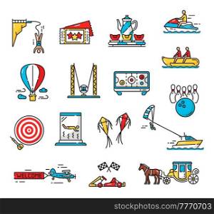Amusement park playground and funfair extreme activity carousels, vector color outline icons. Amusement park rides and water attractions, bungee jumping, karting or parasailing and banana boat. Amusement park playground funfair extreme activity
