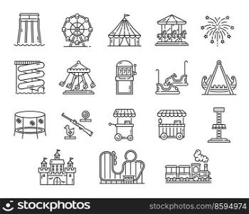 Amusement park playground with funfair carousel, rollercoaster and roundabout, vector outline icons. Amusement park rides, aquapark slides and circus funfair carnival entertainment attractions. Amusement park playground, funfair carousels icons