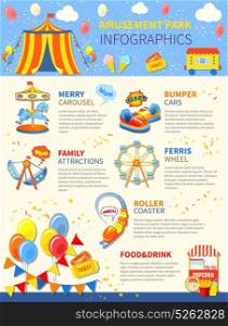 Amusement park potential infographics layout. Amusement park infographics layout with carousel and attractions vector illustration