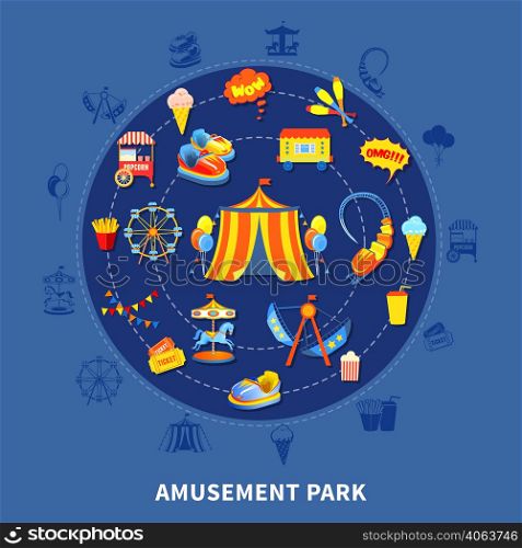 Amusement park presentation layout with big top attractions and food abstract isolated vector illustration. Amusement park set vector illustration