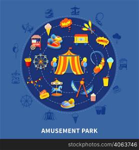 Amusement park presentation layout with big top attractions and food abstract isolated vector illustration. Amusement park set vector illustration