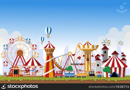 Amusement Park Rides Fun Fair Carnival Flat Vector Illustration