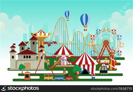 Amusement Park Rides Fun Fair Carnival Flat Vector Illustration