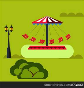 Amusement park rides. Vector flat design of merry-go-round carousel in nature park with trees and light post. Amusement park vector rides attraction