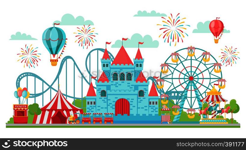 Amusement park. Roller coaster, festival carousel and ferris wheel attractions. Circus funfair invitation card or fairground banner isolated vector illustration. Amusement park. Roller coaster, festival carousel and ferris wheel attractions isolated vector illustration