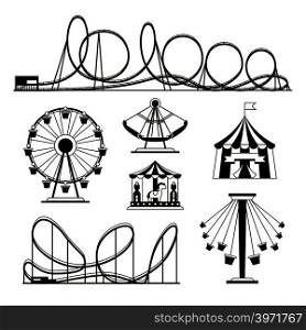 Amusement park, roller coasters and carousel vector icons. Festival and rollercoaster attraction illustration. Amusement park, roller coasters and carousel vector icons