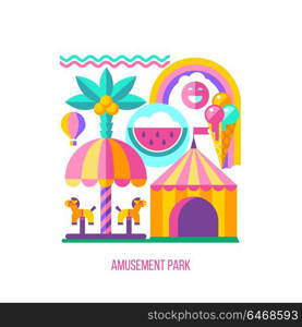 Amusement Park, roundabout. Vector illustration. Summer holiday. A set of cliparts in flat style.