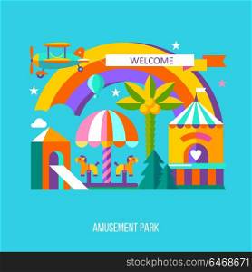 Amusement Park, roundabout. Vector illustration. Summer holiday. A set of cliparts in flat style.