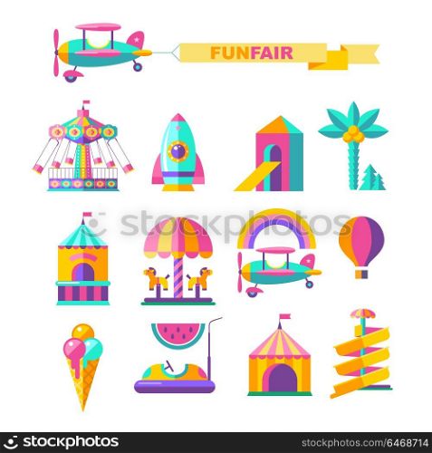 Amusement Park, roundabout. Vector illustration. Summer holiday. A set of cliparts in flat style.