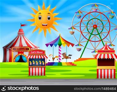 Amusement park scene at daytime with cute sun