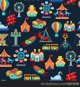 Amusement park seamless pattern with children attractions flat vector illustration. Amusement Park Seamless Pattern