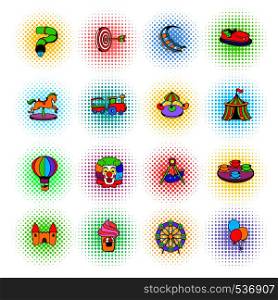 Amusement park set icons in comics style on a white background . Amusement park set icons, comics style