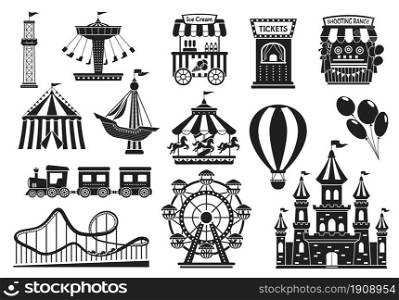 Amusement park silhouette elements, carnival fairground attractions. Kids carousel, roller coaster, circus tent, funfair rides icon vector set. Ferris wheel for fun and entertainment. Amusement park silhouette elements, carnival fairground attractions. Kids carousel, roller coaster, circus tent, funfair rides icon vector setamusement, park, attraction, fairground, ride, carnival, circus, tent, carousel, rollercoaster, funfair, game, hot, air, balloon, shooting, range, ticket, ice, cream, wheel, roller, children, entertainment, coaster, fun, train, festival, play, recreation, playground, holiday, summer, castle, vacation, kid, horse, swing, ferris, leisure, enjoyment, excitement, cartoon, vector, illustration, set, isolated, flat, element