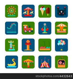 Amusement Park Square Icons Set . Amusement park square icons set with weekend symbols flat isolated vector illustration