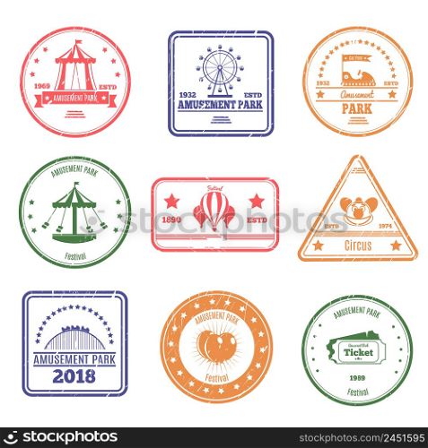Amusement park stamps collection of isolated postal stamps of different colour with attraction and circus images vector illustration. Amusement Park Stamps Set