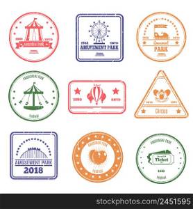 Amusement park stamps collection of isolated postal stamps of different colour with attraction and circus images vector illustration. Amusement Park Stamps Set