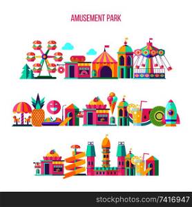 Amusement Park, theme Park, water Park. A large set of carousel icons, water slides, fun on vacation and weekends for the whole family. Vector illustration.