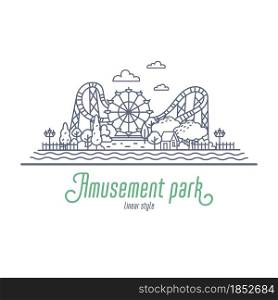Amusement park thin line vector illustration. Ferris wheel and roller coaster in the park. Outline style vector illustration on white background. Amusement park thin line vector illustration. Ferris wheel and roller coaster in the park. Outline style vector illustration on white background.