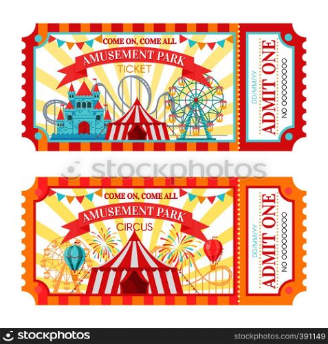 Amusement park ticket. Admit one circus admission tickets, family park attractions festival and amusing fairground. Amusing fair or circus carnival show ticket vector illustration set. Amusement park ticket. Admit one circus admission tickets, family park attractions festival and amusing fairground vector illustration