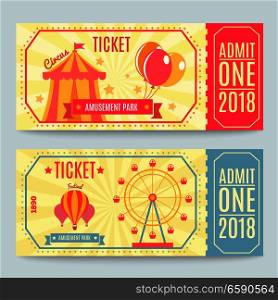 Amusement park tickets collection of two printed coupons with flat fairground attraction images and editable text vector illustration. Amusement Park Tickets Set