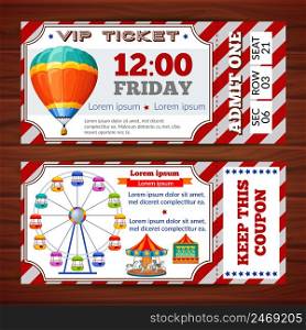 Amusement park tickets with red white substrate and colorful attractions on wooden background isolated vector illustration. Amusement Park Tickets
