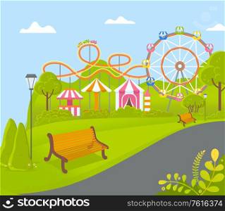 Amusement park vector, fun time and relaxation on nature. Ferris wheel and tents, circus and attraction, fair weather and entertainment on wooden bench. Amusement Park with Ferris Wheel Attraction Vector