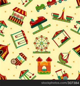 Amusement park with carousel, circus and other attractions. Vector seamless pattern amusement park illustration. Amusement park with carousel, circus and other attractions. Vector seamless pattern