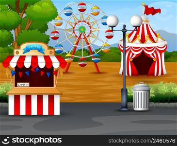 Amusement park with ferris wheel, ticket booth and circus tent