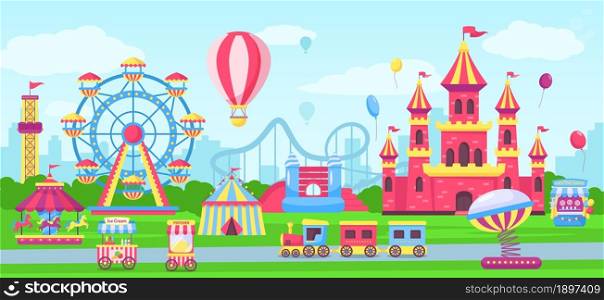 Amusement park with funfair attractions, carnival fairground rides. Cartoon circus tent, children castle, rollercoaster Vector illustration. Playground for id recreation and entertainment. Amusement park with funfair attractions, carnival fairground rides. Cartoon circus tent, children castle, rollercoaster Vector illustration