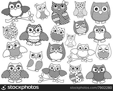 Amusing and funny twenty ornamental owls set, black vector contours isolated on white background