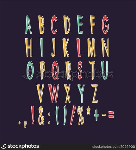 Amusing black alphabet set for dark theme. Vector decorative typography. Decorative typeset style. Latin script for headers. Trendy letters and numbers for graphic posters, banners, invitations texts. Amusing black alphabet set for dark theme