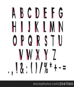 Amusing black, pink decor alphabet set. Vector decorative typography. Decorative typeset style. Latin script for headers. Trendy letters and numbers for graphic posters, banners, invitations texts. Amusing black, pink decor alphabet set