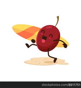 Amusing cartoon plum character with surf board on beach. fresh prune personage at seaside getaway. Isolated vector lively fruit enjoying outdoor activities at beach lounging on sea during holidays. Amusing cartoon plum with surf board on beach.
