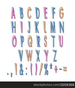 Amusing colorful modern style alphabet set. Vector decorative typography. Decorative typeset style. Latin script for headers. Trendy letters and numbers for graphic posters, banners, invitations texts. Amusing colorful modern style alphabet set