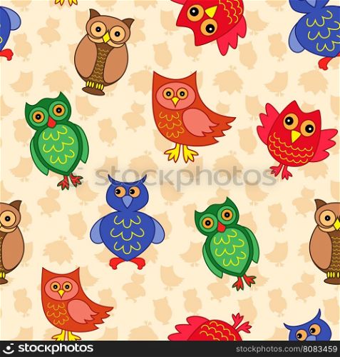 Amusing colourful owls on the background with many stylized simple owls, seamless vector pattern