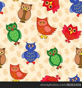 Amusing colourful owls on the background with many stylized simple owls, seamless vector pattern