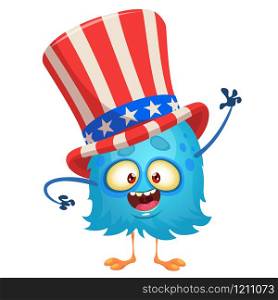 Amusing fluffy blue cartoon monster wearing Uncle Sam hat. Design character for Independence Day. Vector illustration for print or decoration