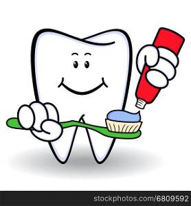 Amusing healthy cartoon tooth with smiling face and with toothbrush and toothpaste in hands, color vector illustration